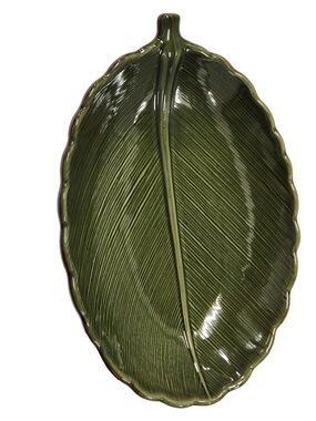 Tropical Banana Green Leaf-Shaped Ceramic Serving Platter 15x10